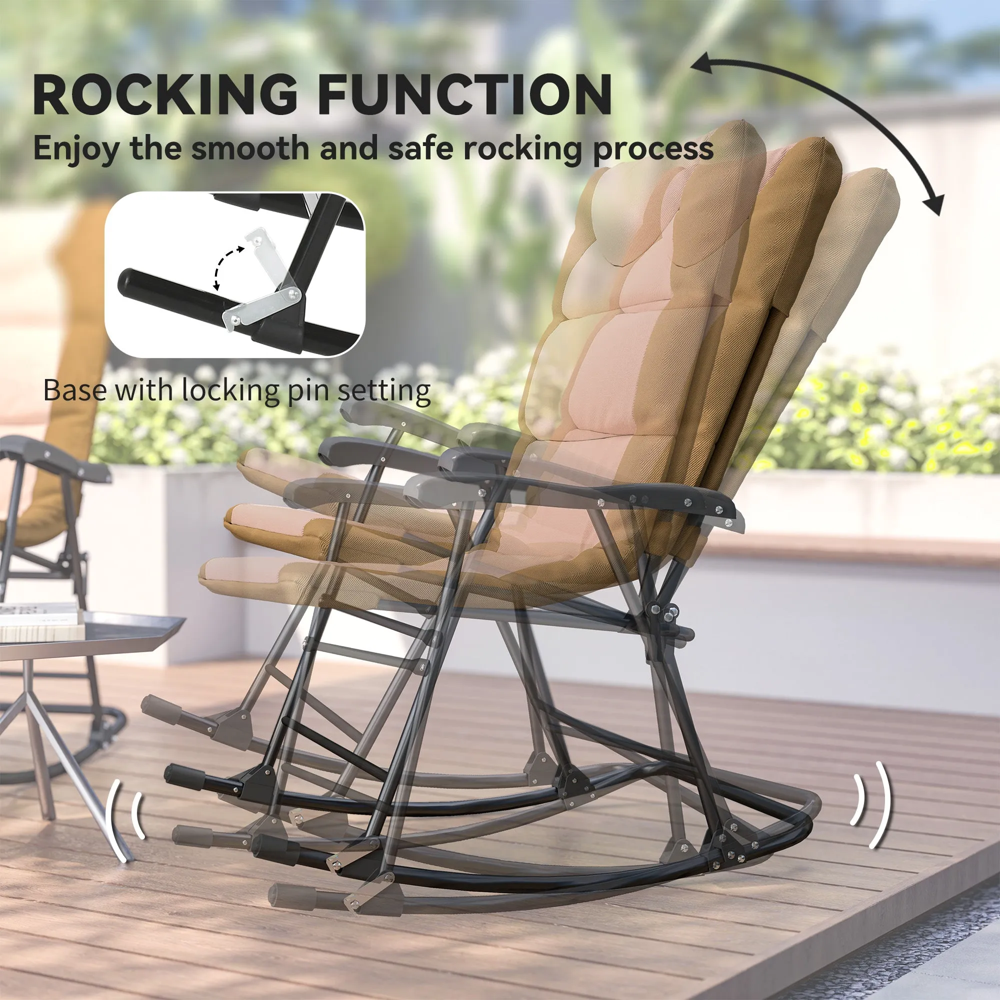 3pc Patio Foldable Rocking Chair Set, Outdoor Rocking Chairs and Table Bistro Set w/ Padded Seat, Headrest, Backrest for Park, Backyard, Garden, Light Brown