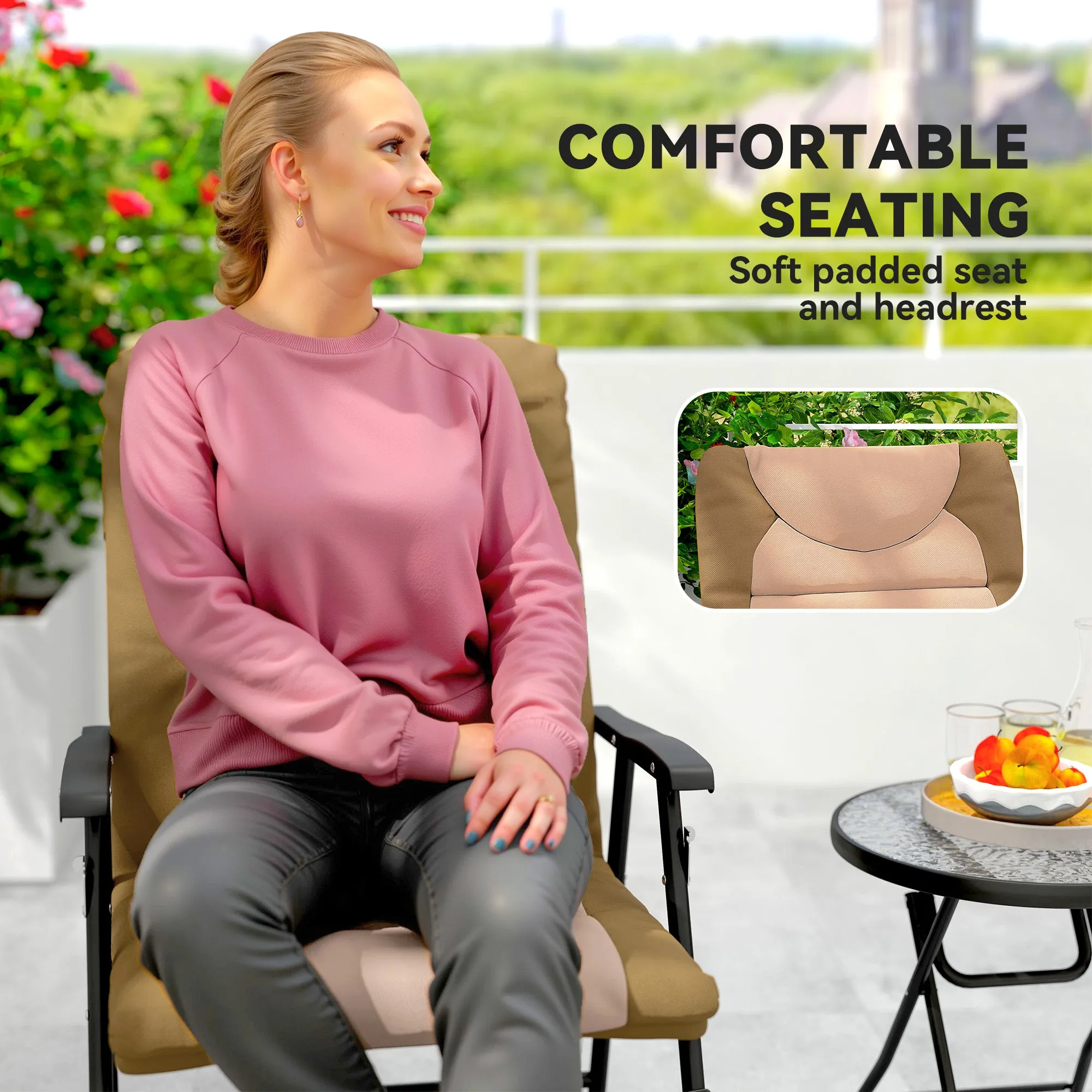 3pc Patio Foldable Rocking Chair Set, Outdoor Rocking Chairs and Table Bistro Set w/ Padded Seat, Headrest, Backrest for Park, Backyard, Garden, Light Brown