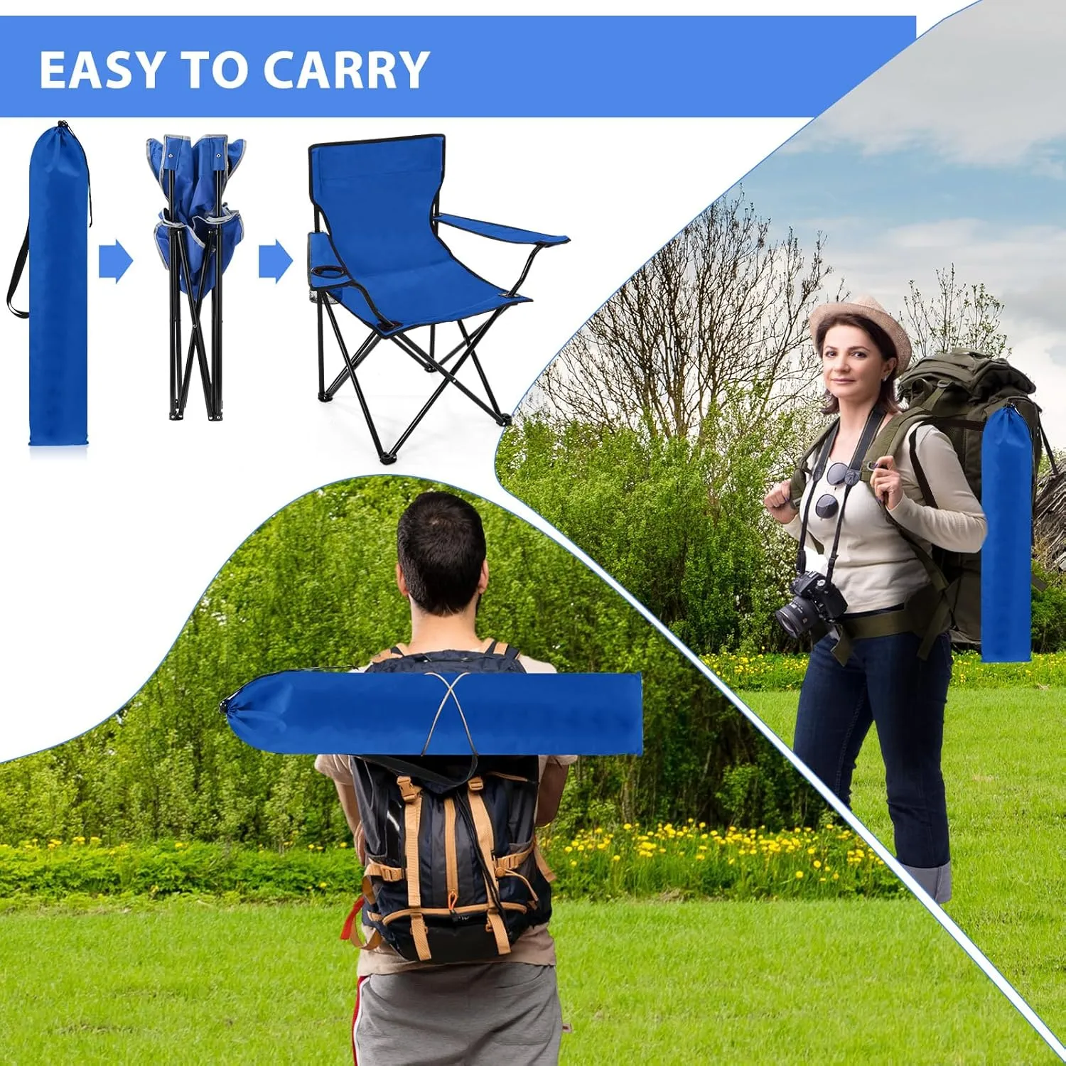 4 Pcs Folding Camping Chairs with Cupholder and Carry Bag Regular Size Portable Lightweight Lawn Chair with Mesh Side Pocket for Fishing Hiking Picnic Party Beach Outdoor Activity (Elegant)
