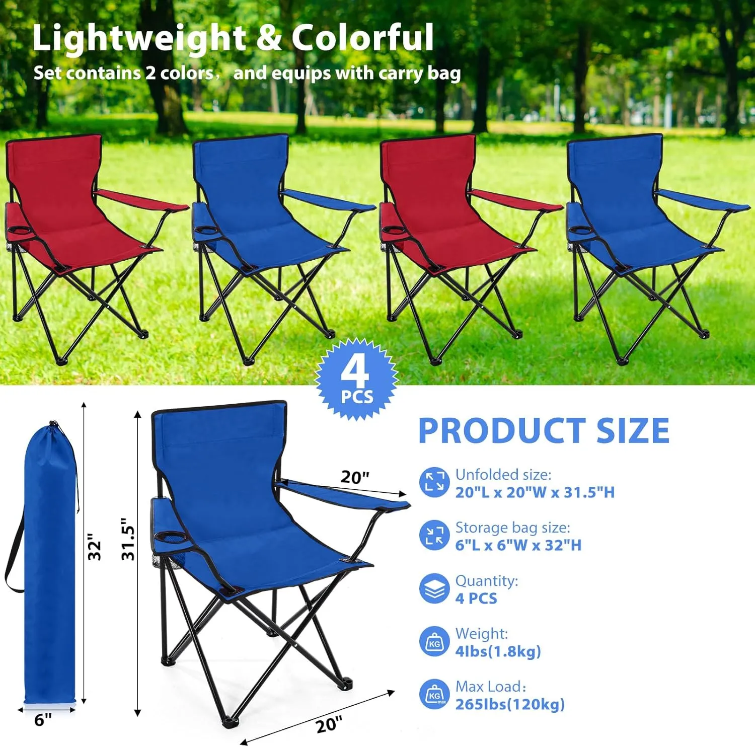 4 Pcs Folding Camping Chairs with Cupholder and Carry Bag Regular Size Portable Lightweight Lawn Chair with Mesh Side Pocket for Fishing Hiking Picnic Party Beach Outdoor Activity (Elegant)