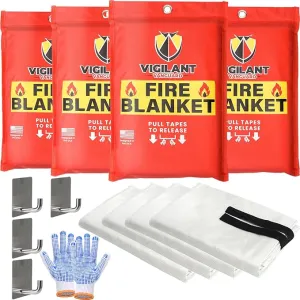 4 x Emergency Fire Blanket for Home and Kitchen (40"x40") with Hooks & Gloves - Reusable Fire Blankets Emergency for Home, Office, Car, Camping, Picnic, School and Warehouse