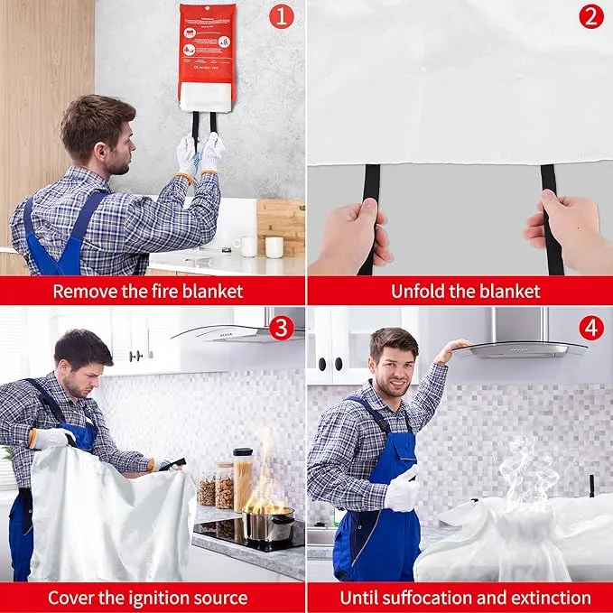 4 x Emergency Fire Blanket for Home and Kitchen (40"x40") with Hooks & Gloves - Reusable Fire Blankets Emergency for Home, Office, Car, Camping, Picnic, School and Warehouse