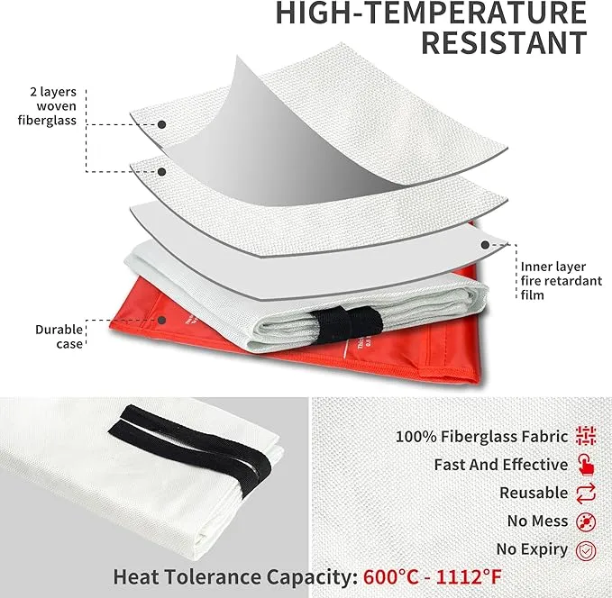 4 x Emergency Fire Blanket for Home and Kitchen (40"x40") with Hooks & Gloves - Reusable Fire Blankets Emergency for Home, Office, Car, Camping, Picnic, School and Warehouse
