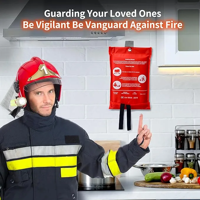4 x Emergency Fire Blanket for Home and Kitchen (40"x40") with Hooks & Gloves - Reusable Fire Blankets Emergency for Home, Office, Car, Camping, Picnic, School and Warehouse