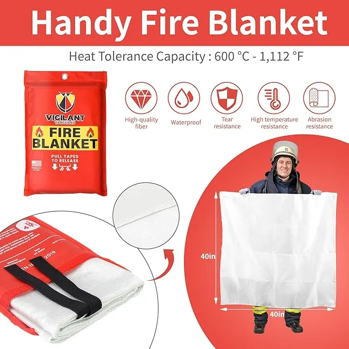 4 x Emergency Fire Blanket for Home and Kitchen (40"x40") with Hooks & Gloves - Reusable Fire Blankets Emergency for Home, Office, Car, Camping, Picnic, School and Warehouse