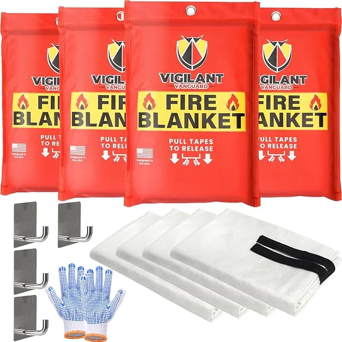 4 x Emergency Fire Blanket for Home and Kitchen (40"x40") with Hooks & Gloves - Reusable Fire Blankets Emergency for Home, Office, Car, Camping, Picnic, School and Warehouse