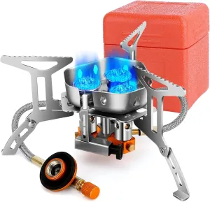 4000W Windproof Camping Gas Stove, Portable Backpacking Stove with Fuel Canister Adapter, Piezo Ignition, Collapsible Powerful Gas Stove with Carrying Case for Outdoor Camping, Hiking and Picnicking