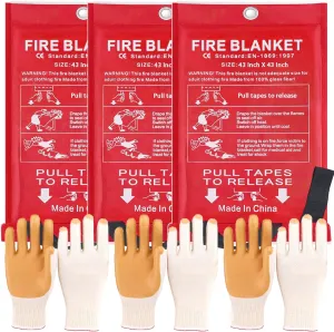 43 in Emergency Fire Blanket - 3 Pack Fire Suppression Blanket for Kitchen Home Fireplace Grill Office and 3 Pair Gloves