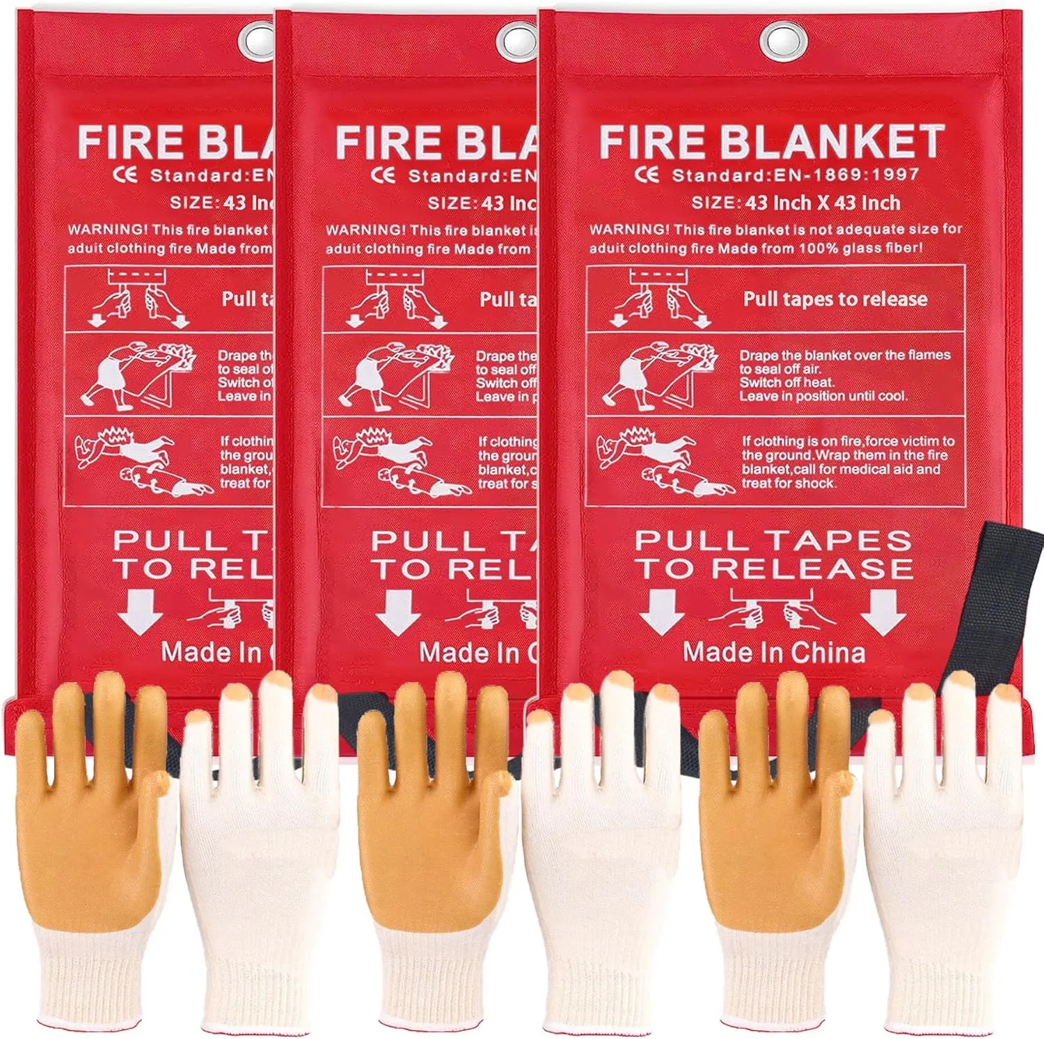 43 in Emergency Fire Blanket - 3 Pack Fire Suppression Blanket for Kitchen Home Fireplace Grill Office and 3 Pair Gloves