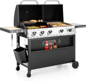 5 Burner Griddle Grill Combo, 2 in 1 Propane Gas BBQ Grill with Porcelain-Enameled Cast Iron Grates & Pan, Outdoor Flat Top Griddle, 695 Sq. In. Propane Barbecue Grill for Patio Backyard Balcony