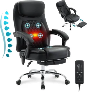 6-Point Massage Office Chair with Heated, Ergonomic Desk Chairs with Footrest & 135°Reclining High Back, Big and Tall Executive Offices Chair 500LBS, Thick Cushion Gaming Chair for Home Office, Black