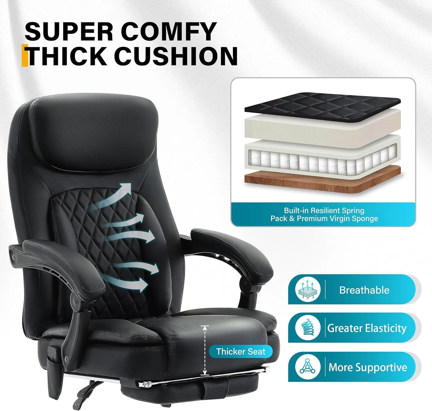 6-Point Massage Office Chair with Heated, Ergonomic Desk Chairs with Footrest & 135°Reclining High Back, Big and Tall Executive Offices Chair 500LBS, Thick Cushion Gaming Chair for Home Office, Black