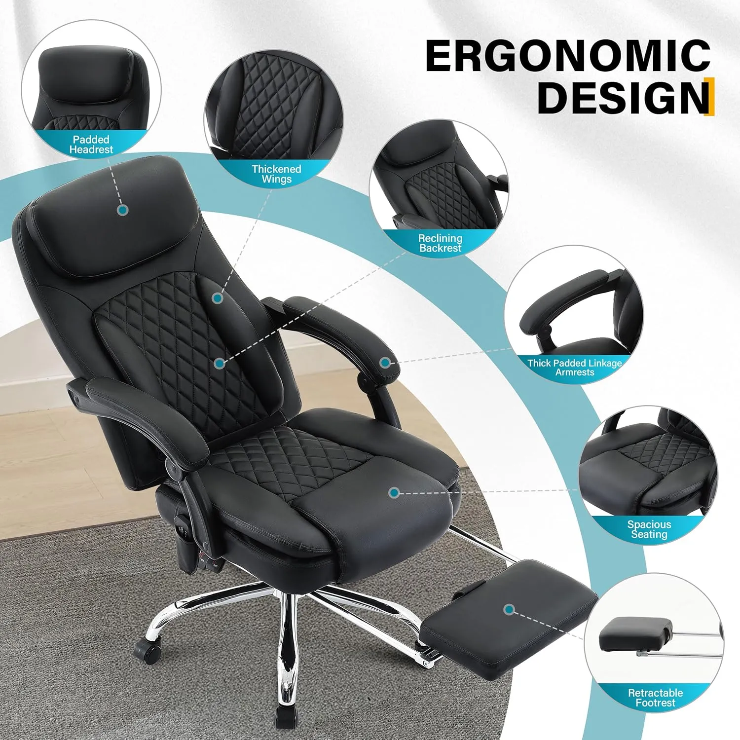6-Point Massage Office Chair with Heated, Ergonomic Desk Chairs with Footrest & 135°Reclining High Back, Big and Tall Executive Offices Chair 500LBS, Thick Cushion Gaming Chair for Home Office, Black