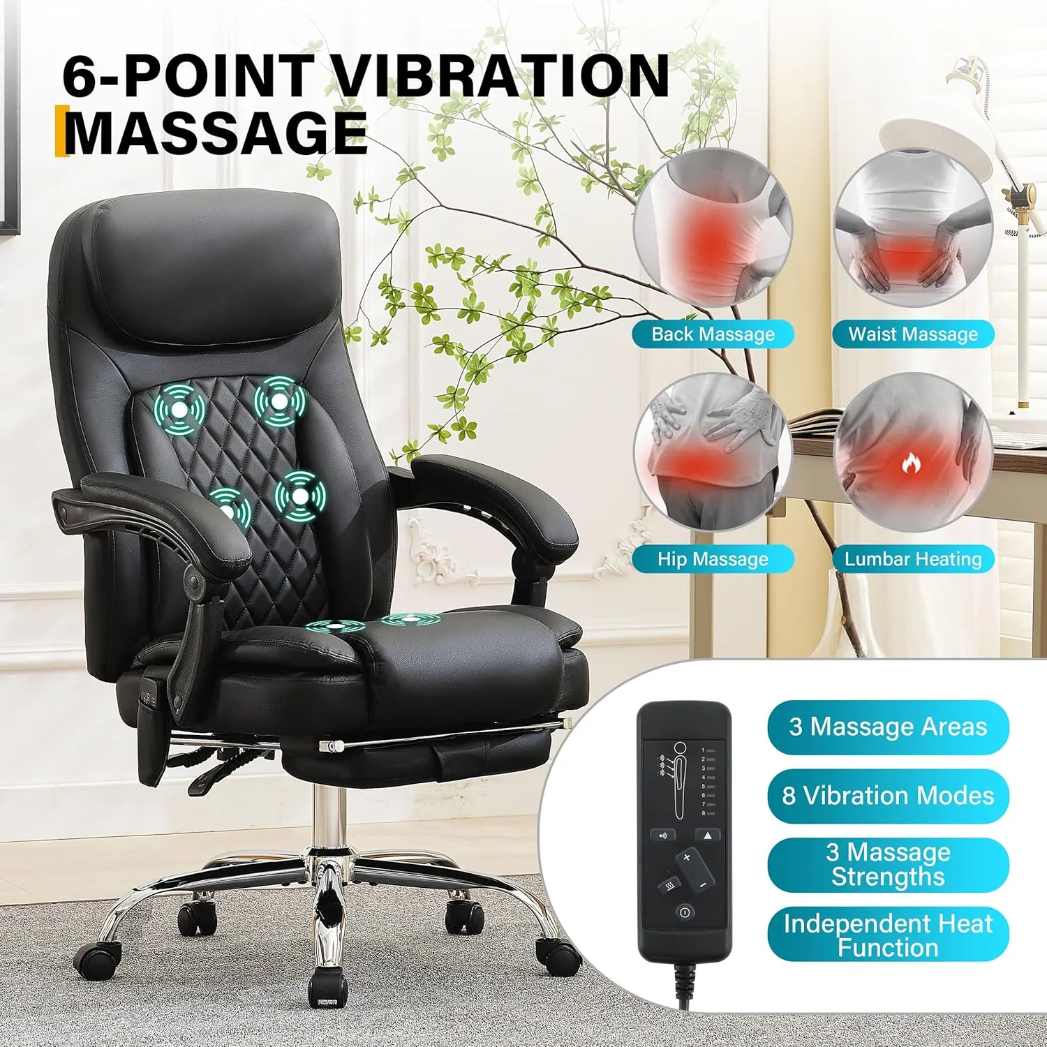 6-Point Massage Office Chair with Heated, Ergonomic Desk Chairs with Footrest & 135°Reclining High Back, Big and Tall Executive Offices Chair 500LBS, Thick Cushion Gaming Chair for Home Office, Black