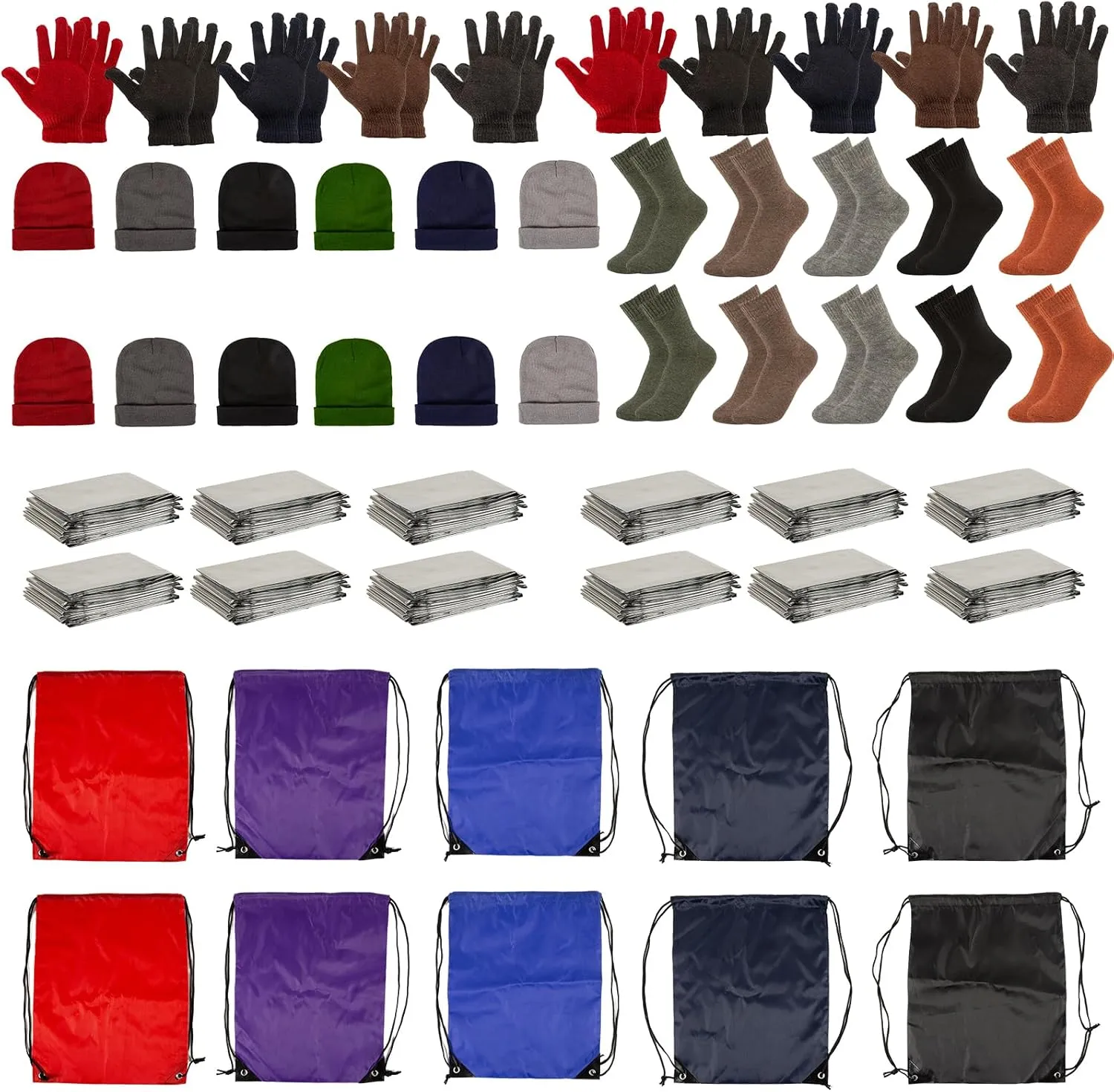 60 Pcs Homeless Care Package Supplies Bulk Winter Beanie Hats Emergency Blankets Bulk Sock Gloves Unisex Draw String Bag