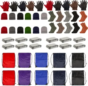 60 Pcs Homeless Care Package Supplies Bulk Winter Beanie Hats Emergency Blankets Bulk Sock Gloves Unisex Draw String Bag