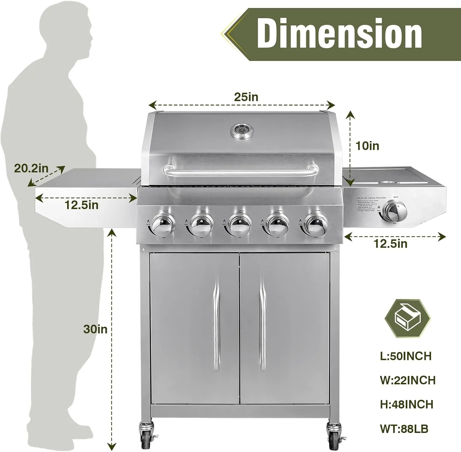 68,000 BTU 5 Burner Propane Gas Grill with Side Burner-Professional-Grade Stainless Steel Outdoor BBQ Grill-647 sq in Cooking Space&Porcelain Cast Iron Grrates-Patio Cart Design for Backyard