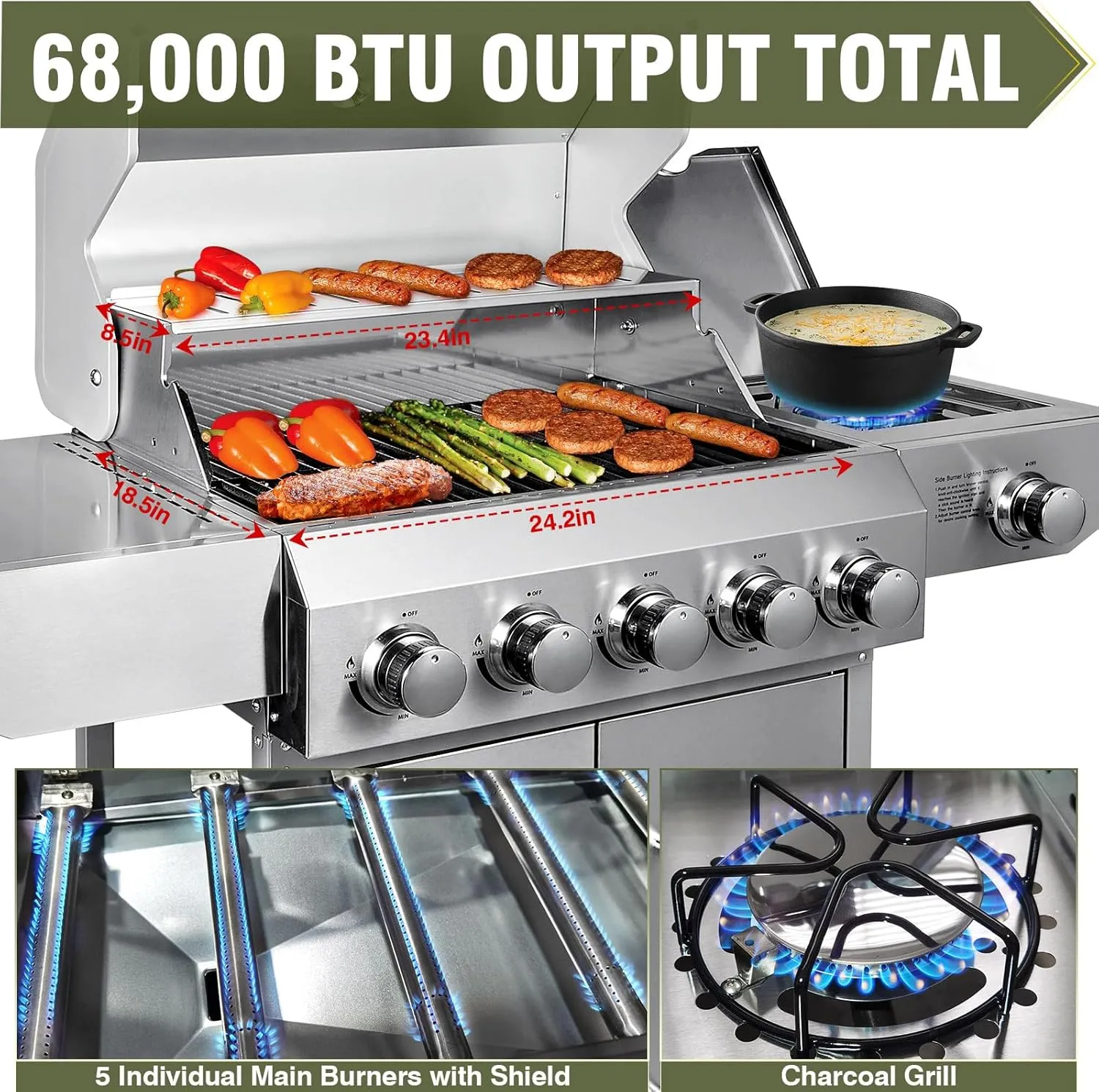 68,000 BTU 5 Burner Propane Gas Grill with Side Burner-Professional-Grade Stainless Steel Outdoor BBQ Grill-647 sq in Cooking Space&Porcelain Cast Iron Grrates-Patio Cart Design for Backyard