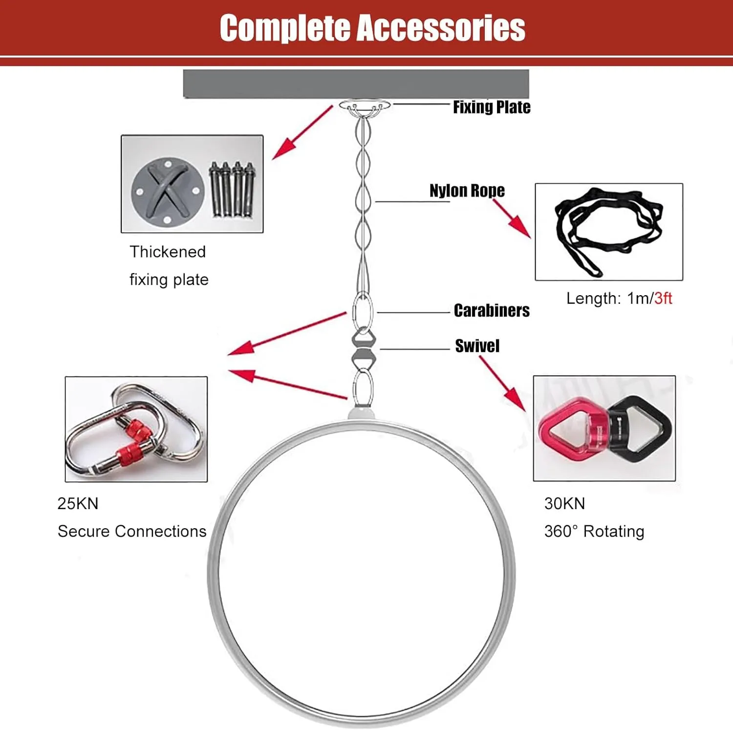 80cm/85cm90cm/95cm Single Point Lyra Hoop Set, Includes Fixing Plate Carabiners Swivel Aerial Strop for Beginners Home Practice and Circus Ring (Color : 1.3in(32mm), Size : Dia 90cm(35.5in))