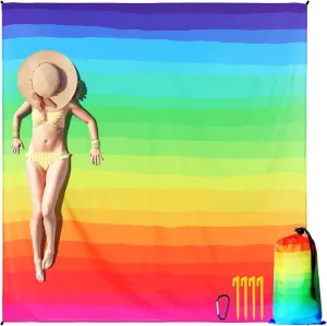 83"x 79" Rainbow Beach Blanket Large Waterproof Sandproof Beach Mat with Stakes & Pockets for 1-5 Adults, Quick Drying Outdoor Polyester Picnic Mat Accessories for Travel, Camping