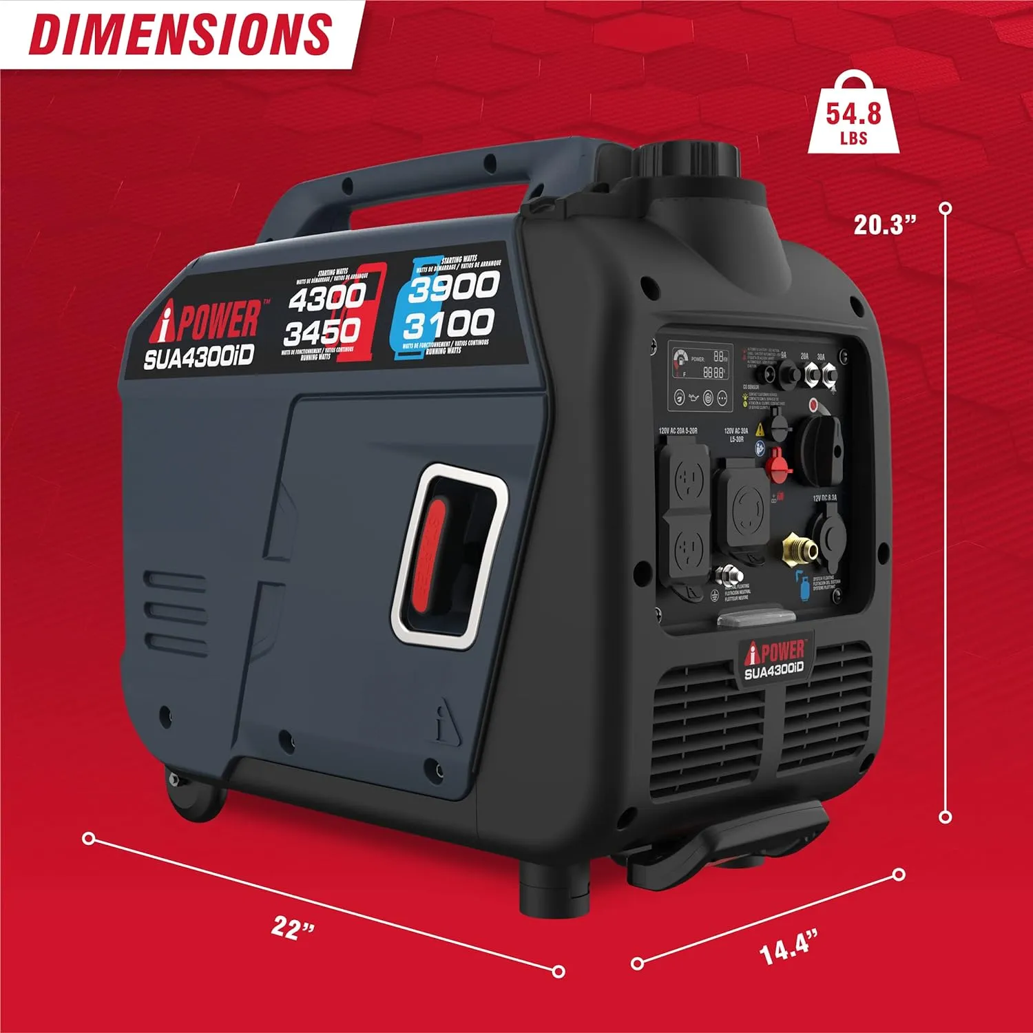 A-iPower Portable Inverter Generator Dual Fuel, 4300W RV Ready, EPA & CARB Compliant CO Sensor, Light Weight With Telescopic Handle For Backup Home Use, Tailgating & Camping (SUA4300iD)