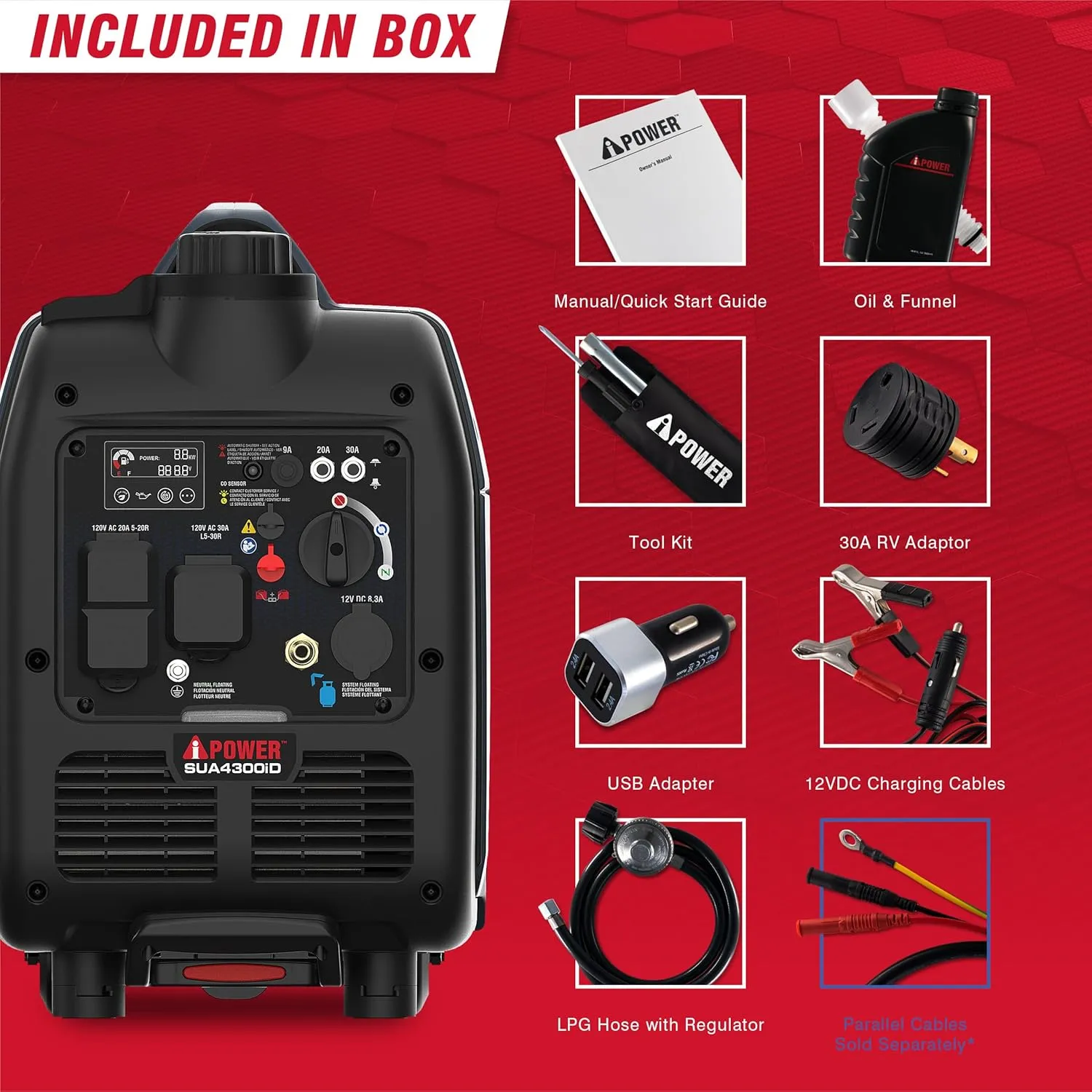 A-iPower Portable Inverter Generator Dual Fuel, 4300W RV Ready, EPA & CARB Compliant CO Sensor, Light Weight With Telescopic Handle For Backup Home Use, Tailgating & Camping (SUA4300iD)