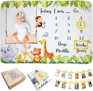 A&JS Tots Baby Monthly Milestone Blanket for Boy Girl, Gender Neutral Gift for Baby Shower, First Year Babies Growth, Photo Banner for Pictures Includes, Soft Flannel Wrinkle Free 60"x40"