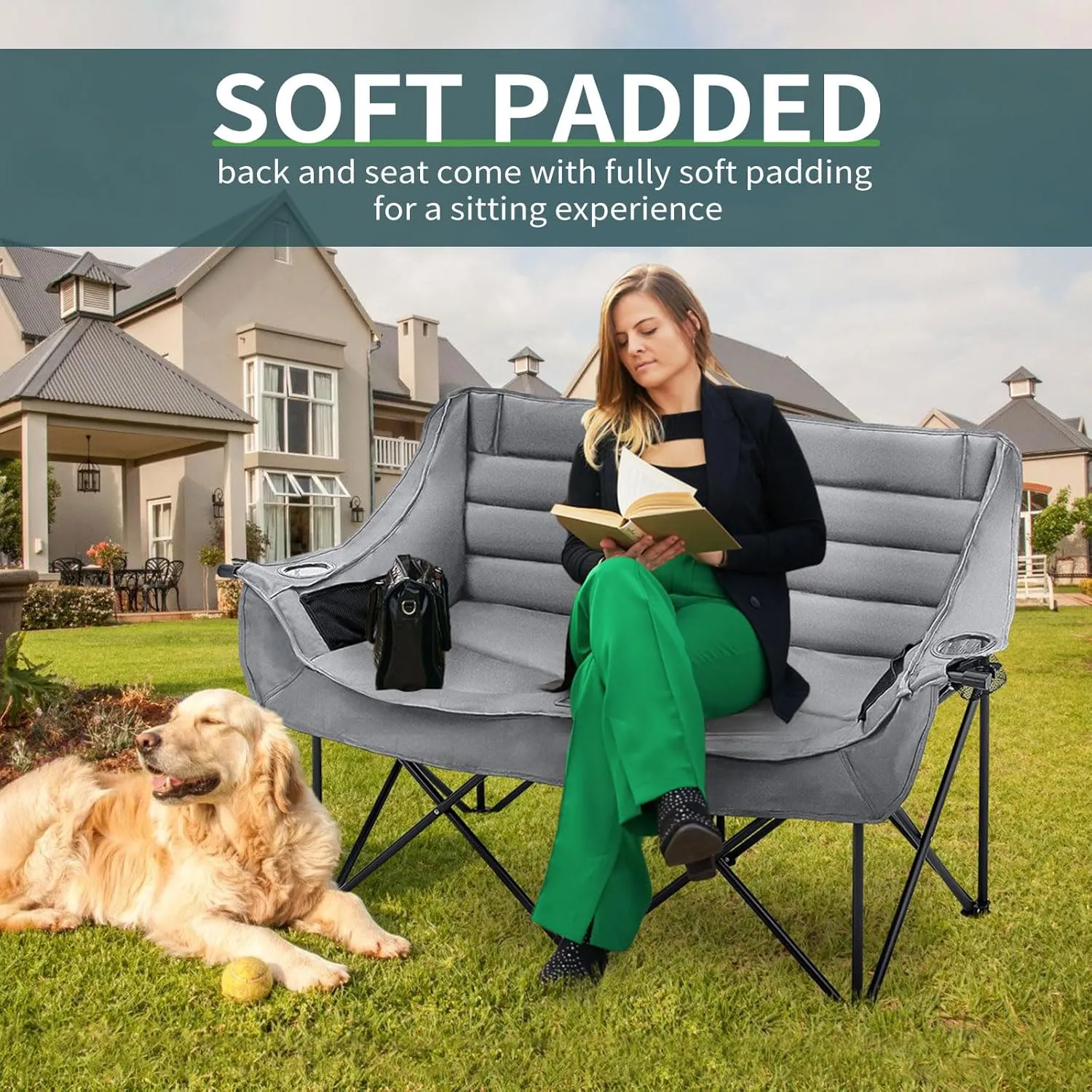ABORON Oversized Camping Chair, Outdoor Chairs with Side Pocket, Heavy Duty Outside Couch, Folding Cotton Padded Chair Seat for Sports, Patio