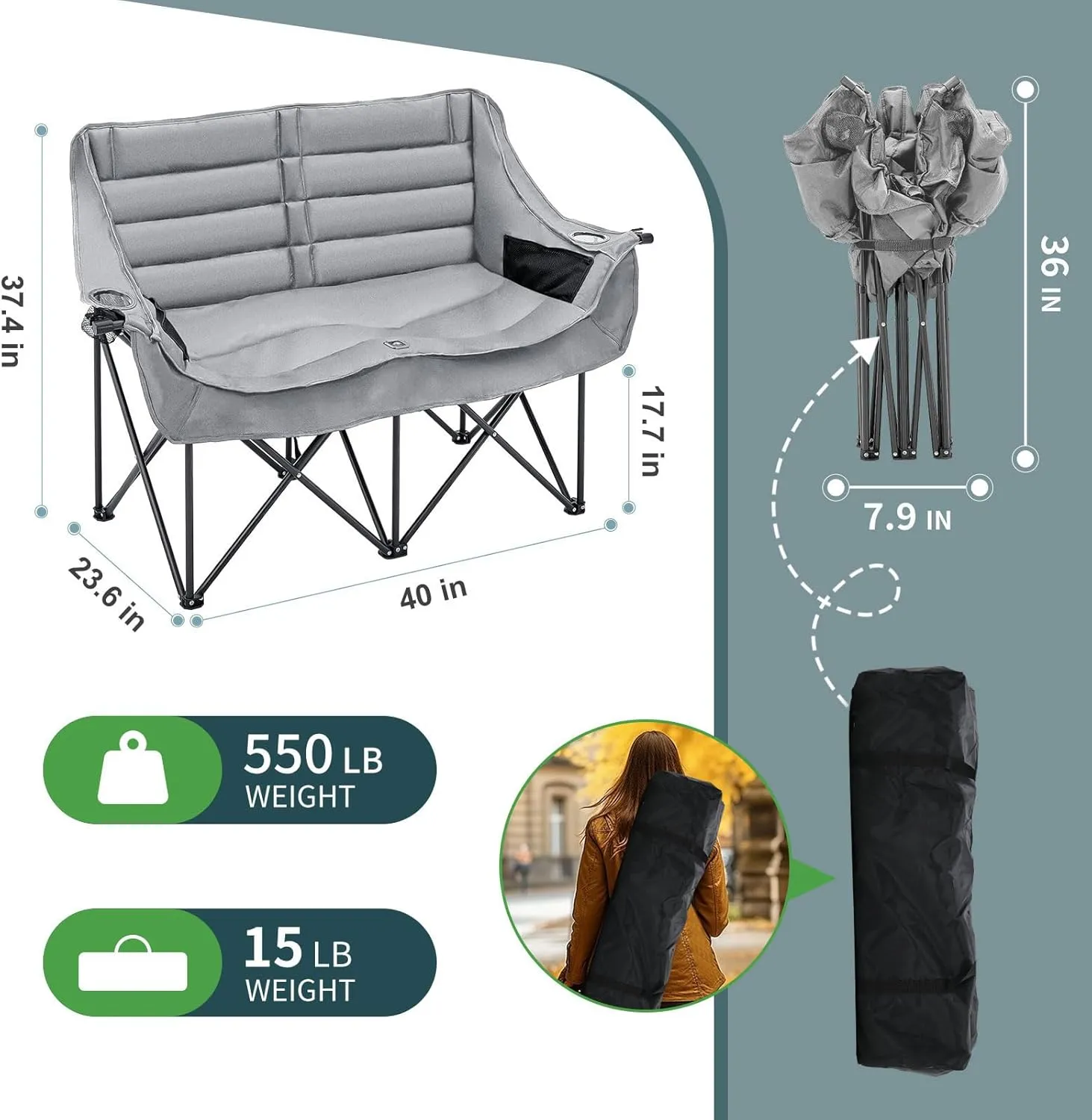 ABORON Oversized Camping Chair, Outdoor Chairs with Side Pocket, Heavy Duty Outside Couch, Folding Cotton Padded Chair Seat for Sports, Patio