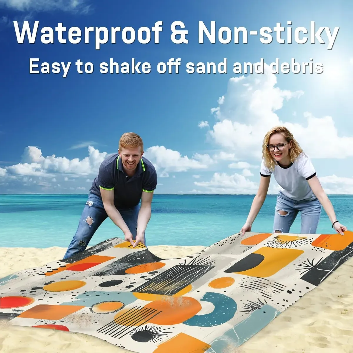 Abstract Checkered Geometric Beach Blanket, Sandproof Beach Mat, 68 x 59 Waterproof Quick Drying Sand Free Mat with 4 x Ground Spikes for Outdoor Travel Camping Hiking, Plaid Modern