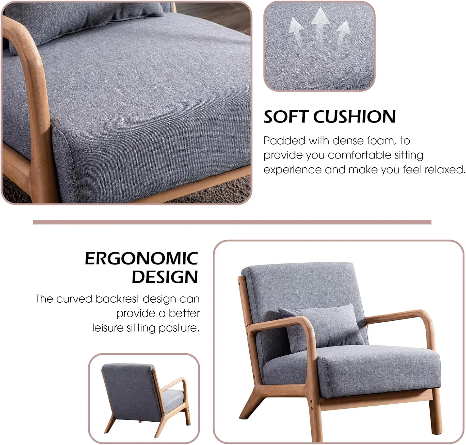 Accent Chair Mid Century Modern Chair Linen Fabric Living Room Chairs with Solid Wood Frame Comfy Upholstered and Lumbar Pillow Reading Side Chair Easy Assembly for Bedroom (1, Grey)