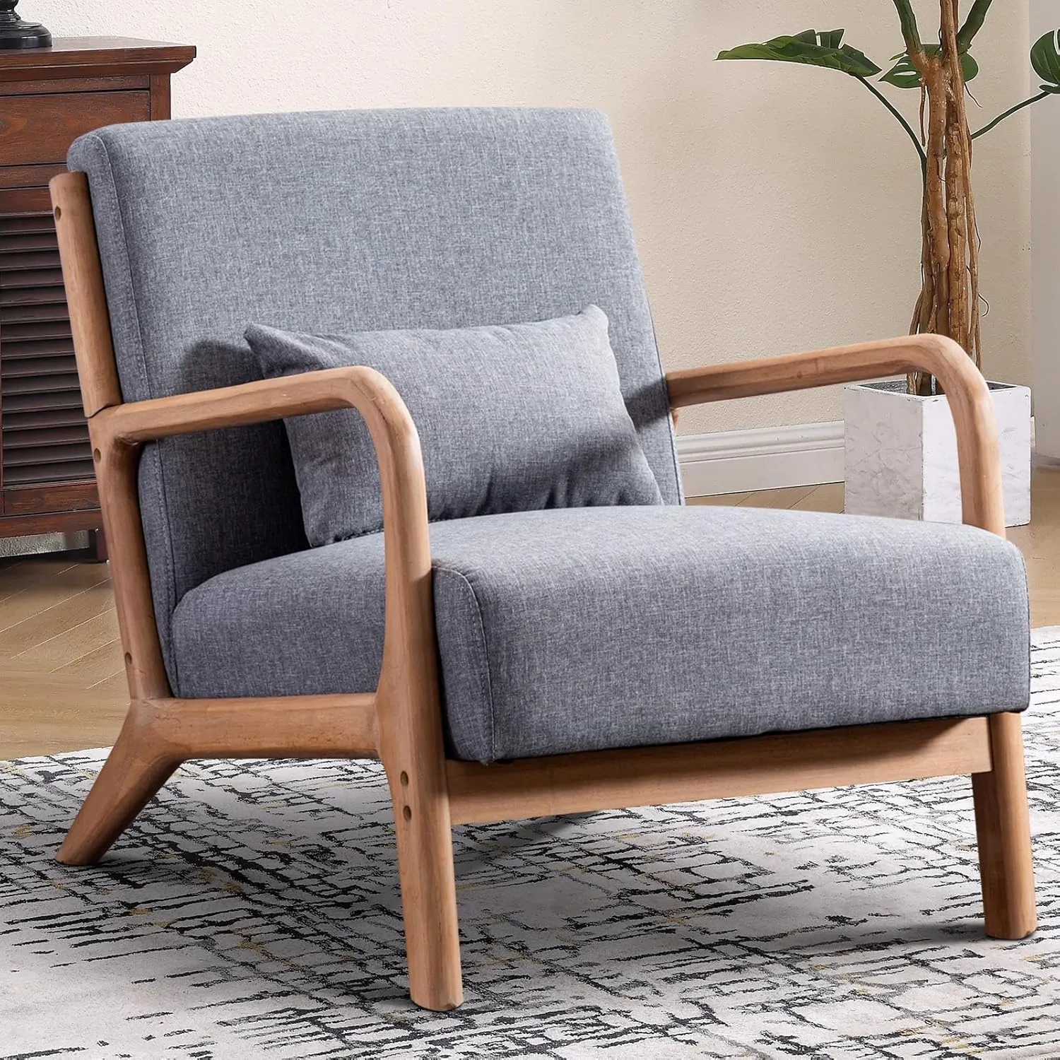 Accent Chair Mid Century Modern Chair Linen Fabric Living Room Chairs with Solid Wood Frame Comfy Upholstered and Lumbar Pillow Reading Side Chair Easy Assembly for Bedroom (1, Grey)