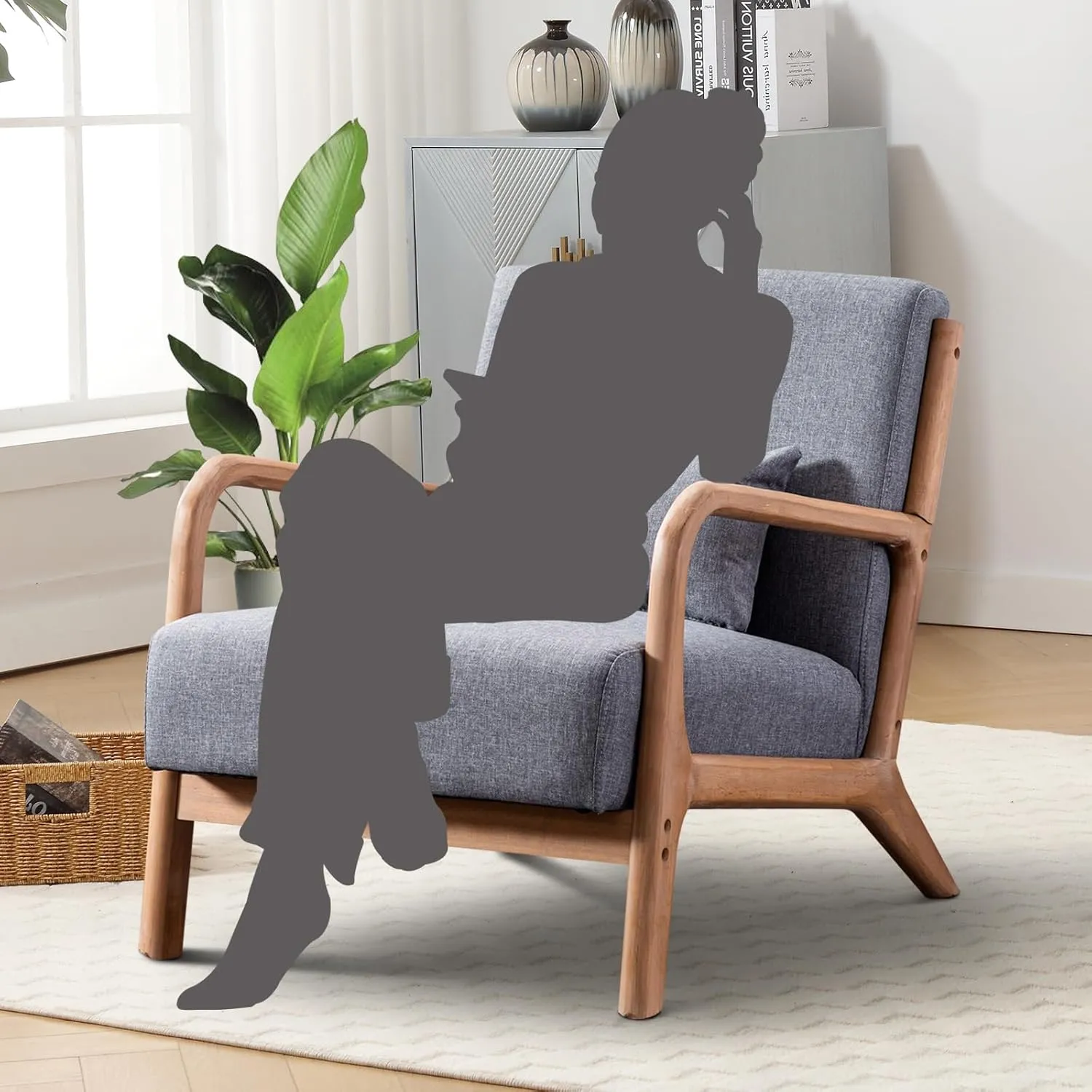 Accent Chair Mid Century Modern Chair Linen Fabric Living Room Chairs with Solid Wood Frame Comfy Upholstered and Lumbar Pillow Reading Side Chair Easy Assembly for Bedroom (1, Grey)