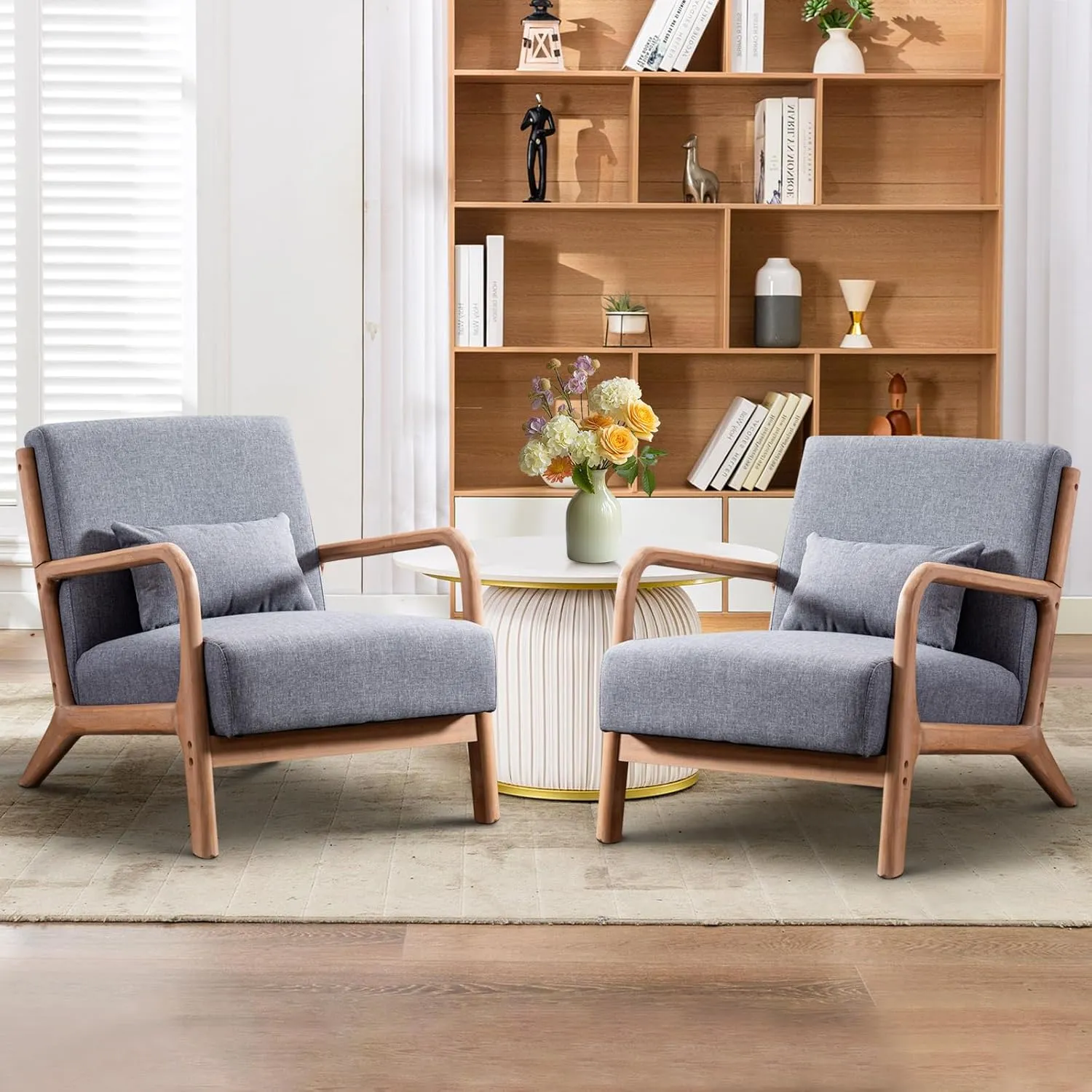 Accent Chair Mid Century Modern Chair Linen Fabric Living Room Chairs with Solid Wood Frame Comfy Upholstered and Lumbar Pillow Reading Side Chair Easy Assembly for Bedroom (1, Grey)
