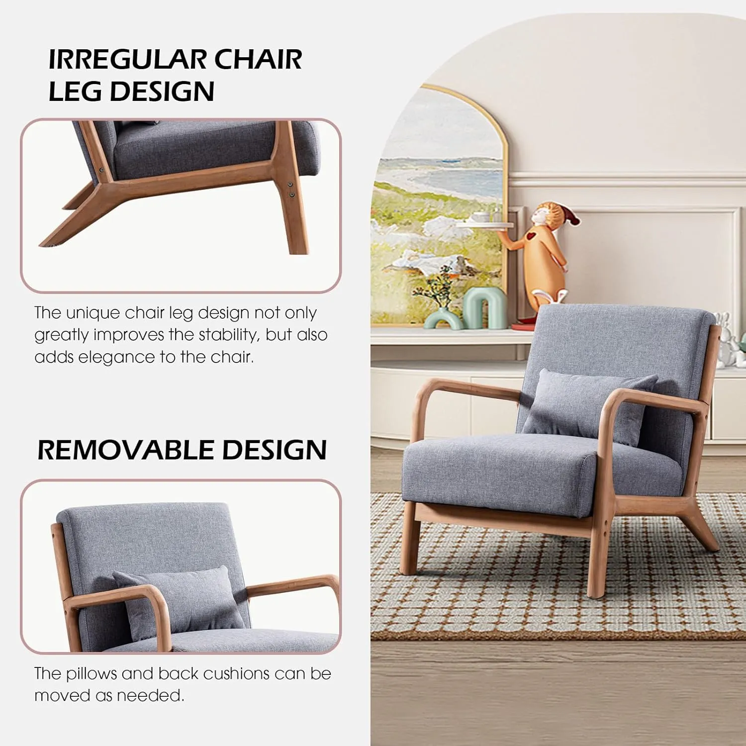 Accent Chair Mid Century Modern Chair Linen Fabric Living Room Chairs with Solid Wood Frame Comfy Upholstered and Lumbar Pillow Reading Side Chair Easy Assembly for Bedroom (1, Grey)