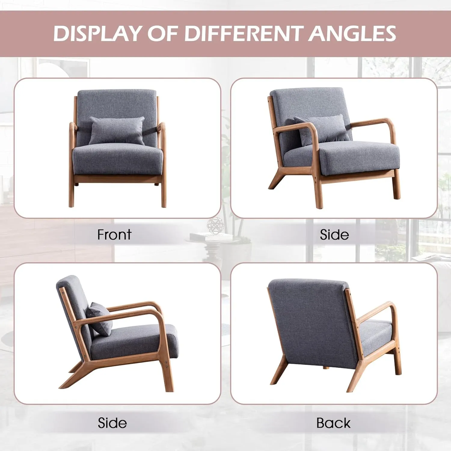 Accent Chair Mid Century Modern Chair Linen Fabric Living Room Chairs with Solid Wood Frame Comfy Upholstered and Lumbar Pillow Reading Side Chair Easy Assembly for Bedroom (1, Grey)