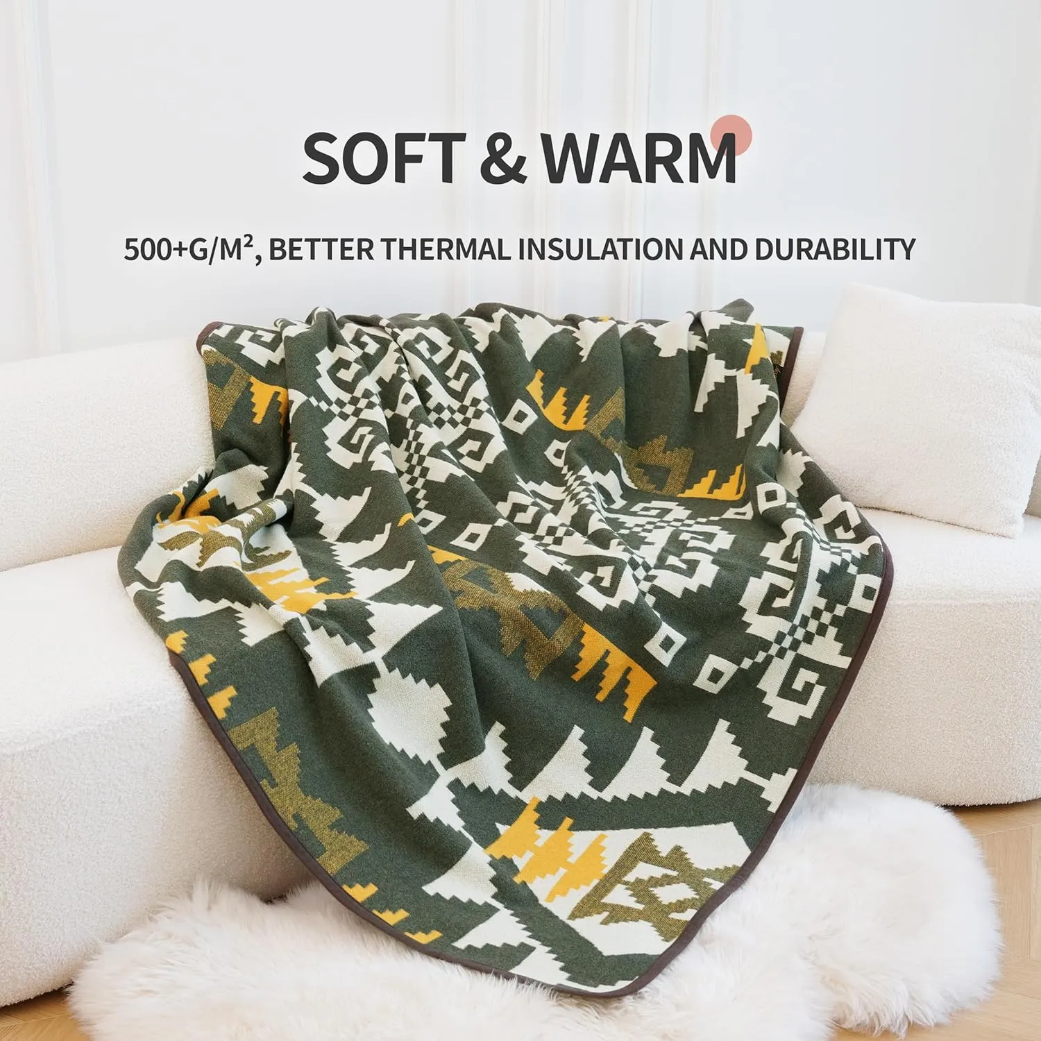 ACUSHLA Merino Wool Blanket - Soft Warm Thick Bed Couch Camp Outdoor Sleeping Blanket Throw All Weather, Aztec Style Green 63" x 51"