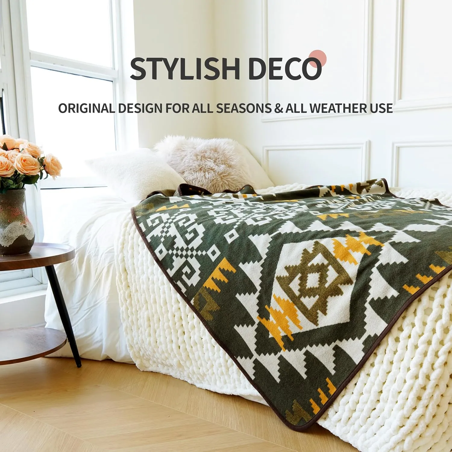 ACUSHLA Merino Wool Blanket - Soft Warm Thick Bed Couch Camp Outdoor Sleeping Blanket Throw All Weather, Aztec Style Green 63" x 51"