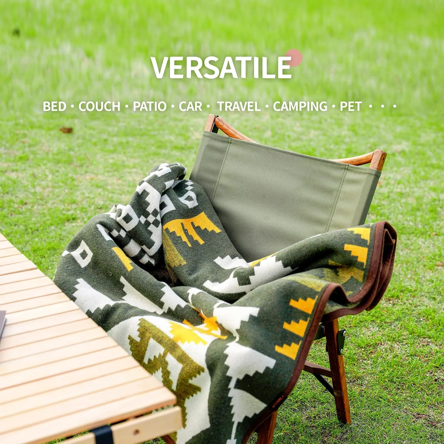 ACUSHLA Merino Wool Blanket - Soft Warm Thick Bed Couch Camp Outdoor Sleeping Blanket Throw All Weather, Aztec Style Green 63" x 51"