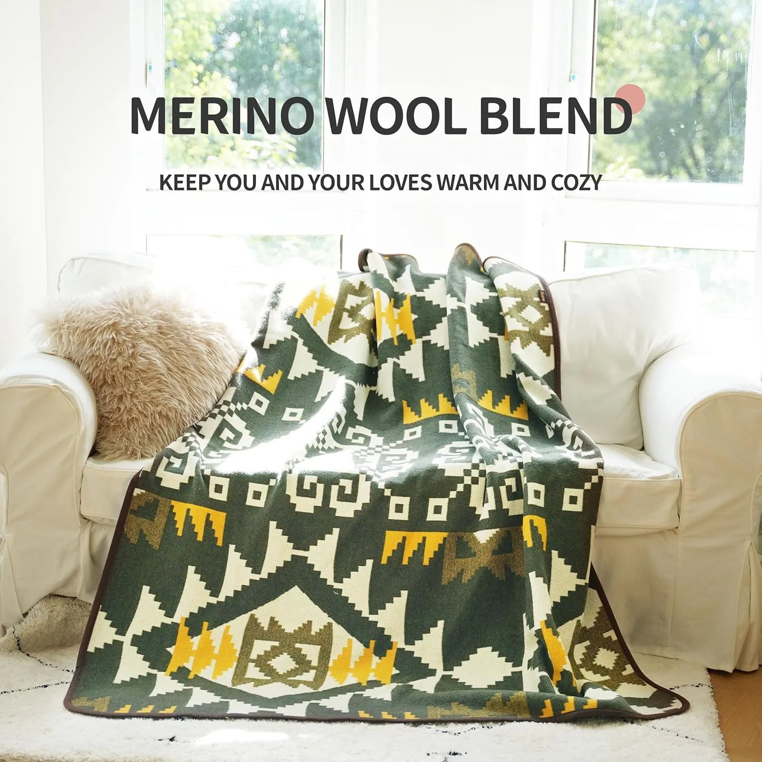 ACUSHLA Merino Wool Blanket - Soft Warm Thick Bed Couch Camp Outdoor Sleeping Blanket Throw All Weather, Aztec Style Green 63" x 51"