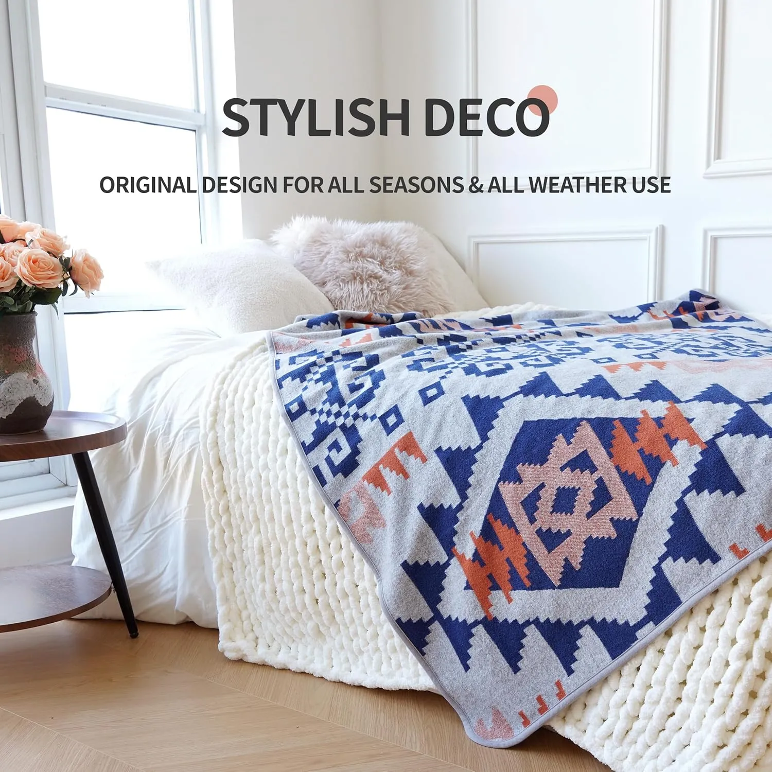 ACUSHLA Merino Wool Blanket - Soft Warm Thick Bed Couch Outdoor Camp Travel Car Blanket Throw All Weather Aztec Style Grey 63" x 51"