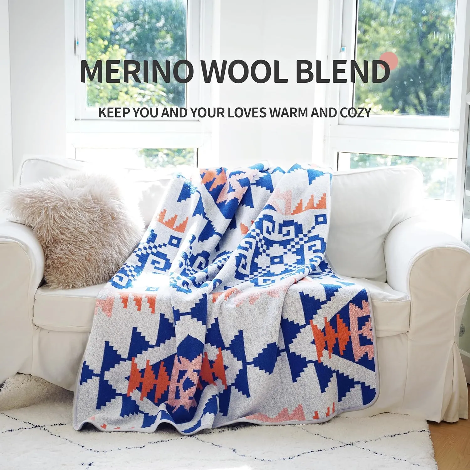 ACUSHLA Merino Wool Blanket - Soft Warm Thick Bed Couch Outdoor Camp Travel Car Blanket Throw All Weather Aztec Style Grey 63" x 51"