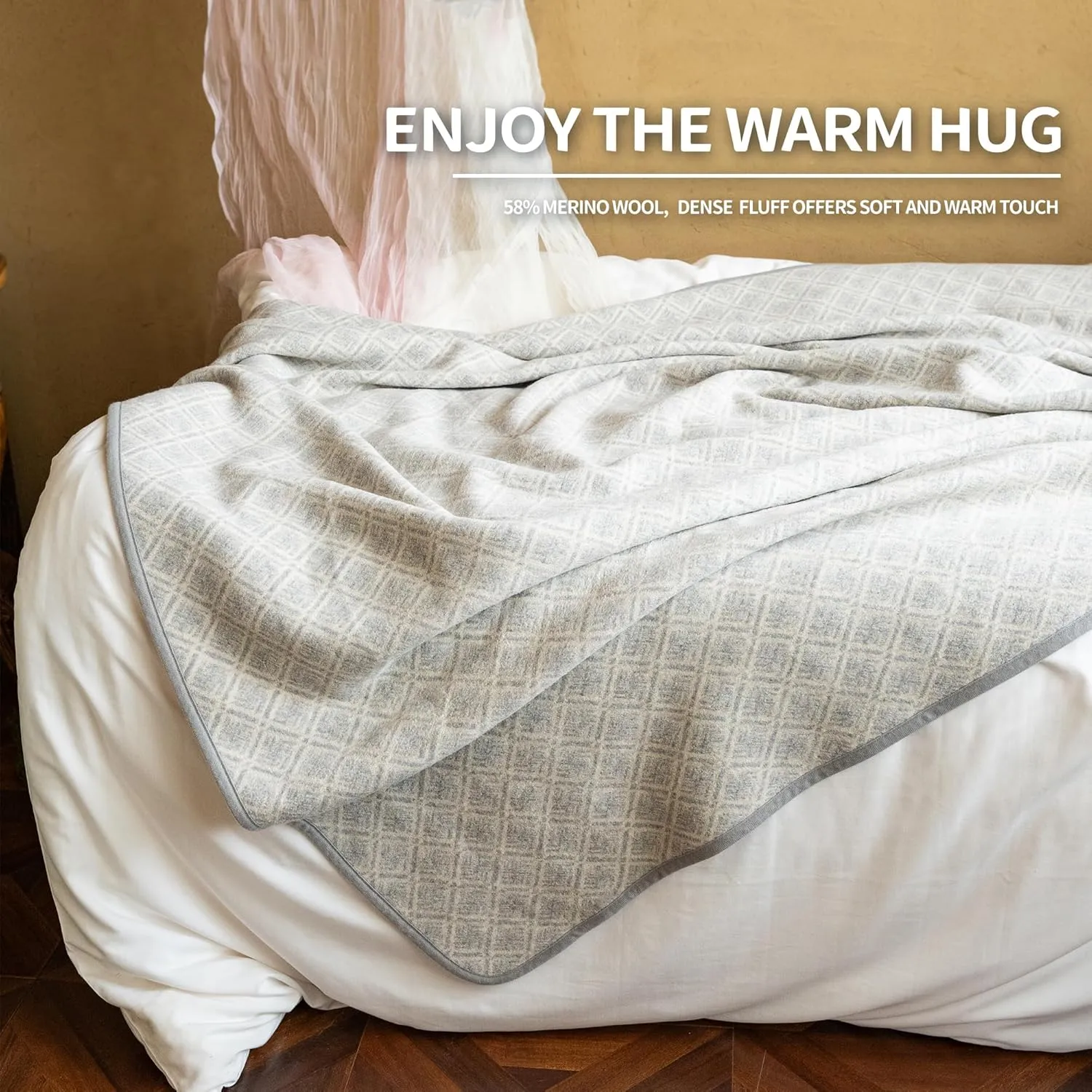 ACUSHLA Merino Wool Blanket - Soft Warm Thick Washable Large Bed Couch Camping Outdoor Travel Throw Blanket All Weather, Plaid Grey 79X63