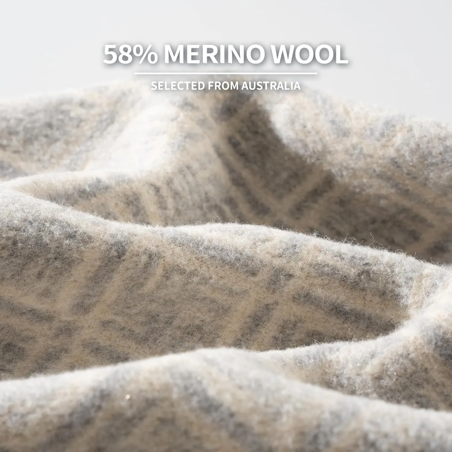 ACUSHLA Merino Wool Blanket - Soft Warm Thick Washable Large Bed Couch Camping Outdoor Travel Throw Blanket All Weather, Plaid Grey 79X63