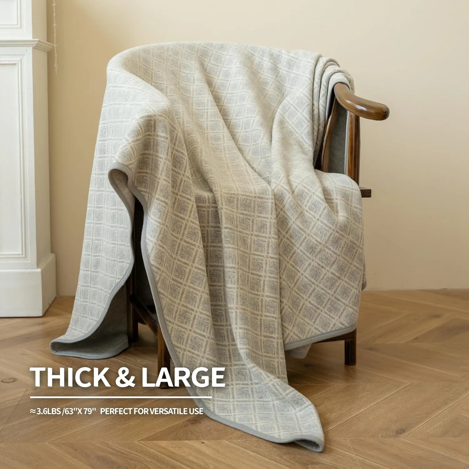 ACUSHLA Merino Wool Blanket - Soft Warm Thick Washable Large Bed Couch Camping Outdoor Travel Throw Blanket All Weather, Plaid Grey 79X63