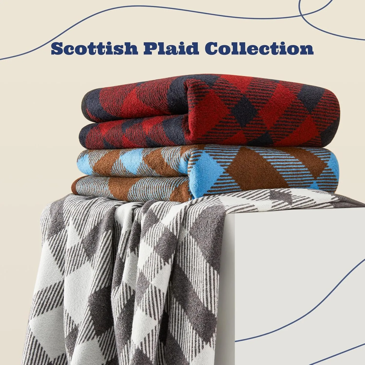 ACUSHLA Merino Wool Blanket - Soft Warm Thick Washable Large Throw Blanket for Camping Bed Couch Outdoor Travel All Weather, Scottish Plaid Red 79X63