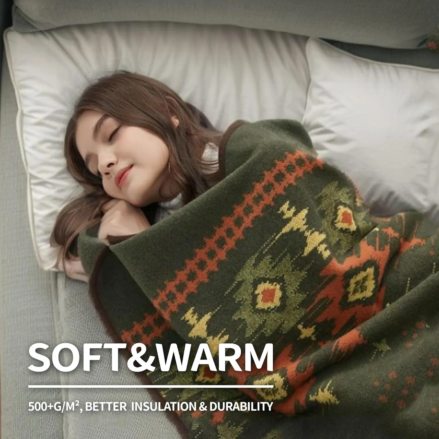 ACUSHLA Merino Wool Blanket - Warm Thick Washable Large Bed Couch Outdoor Camping Sleeping Throw Blanket All Seasons, Myers Green 79x63