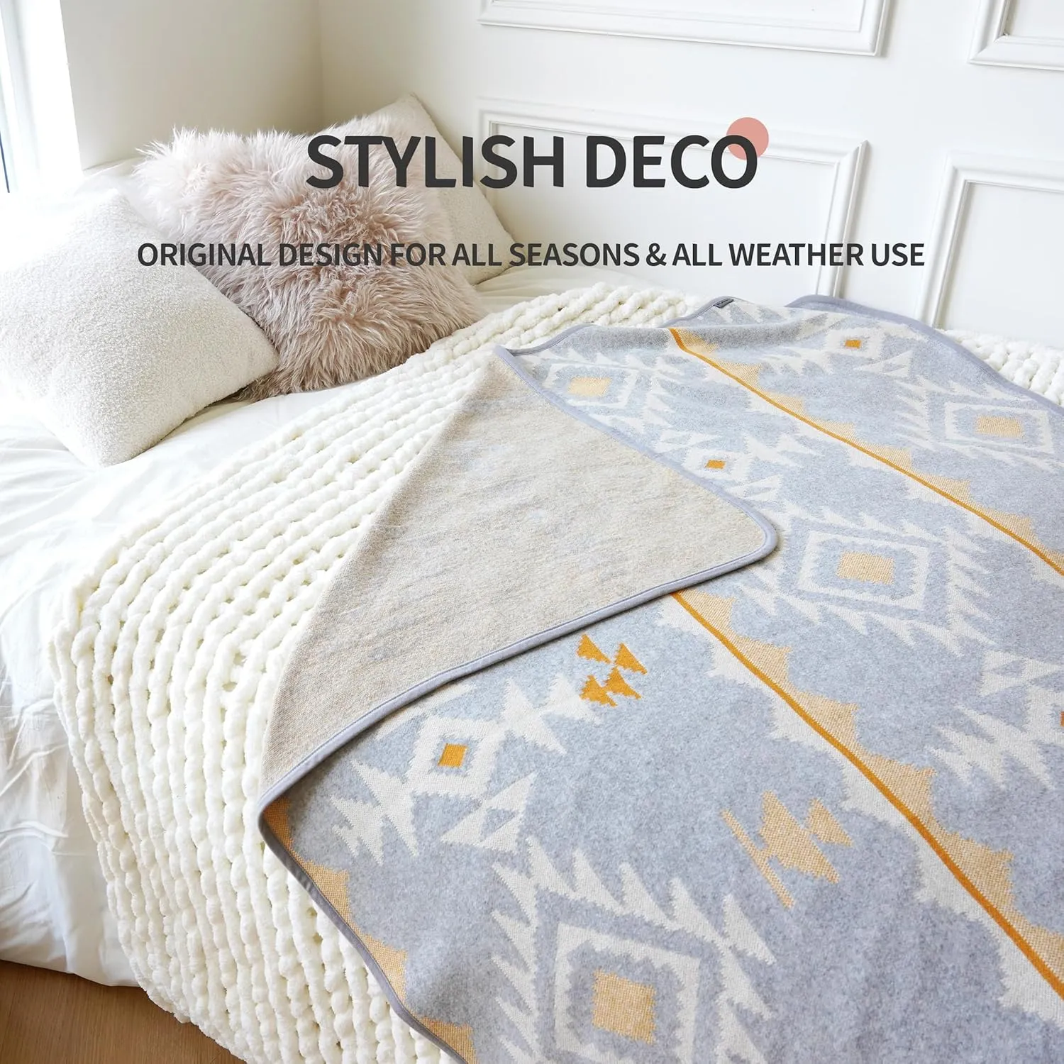 ACUSHLA Merino Wool Blanket - Warm Thick Washable Large Outdoor Camping Sleeping Throw Blanket All Weather, Morocco Grey 79x63
