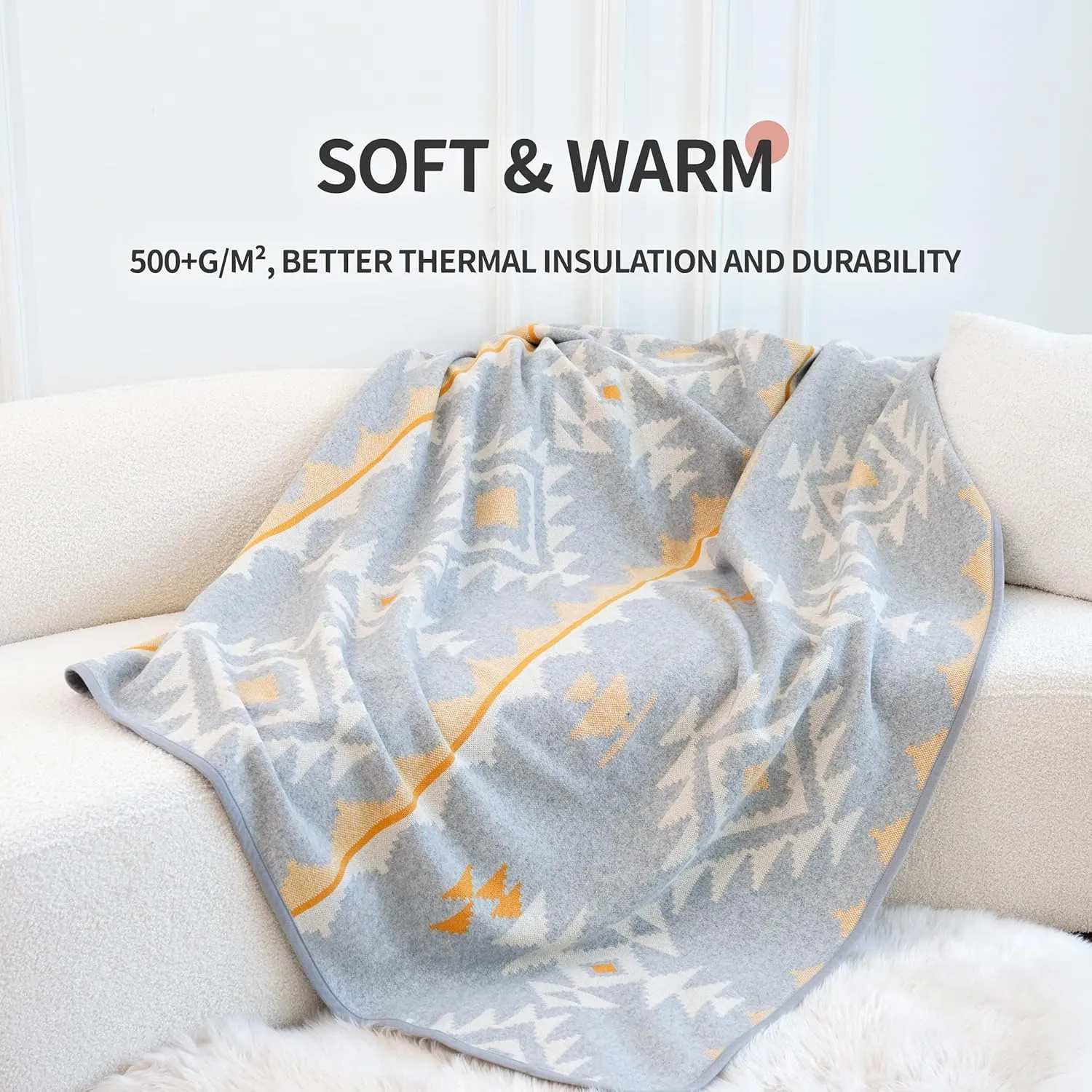 ACUSHLA Merino Wool Blend Blanket - Soft Warm Thick Washable Bed Couch Outdoor Camp Travel Car Blanket Throw All Weather, Morocco Grey 63" x 51"