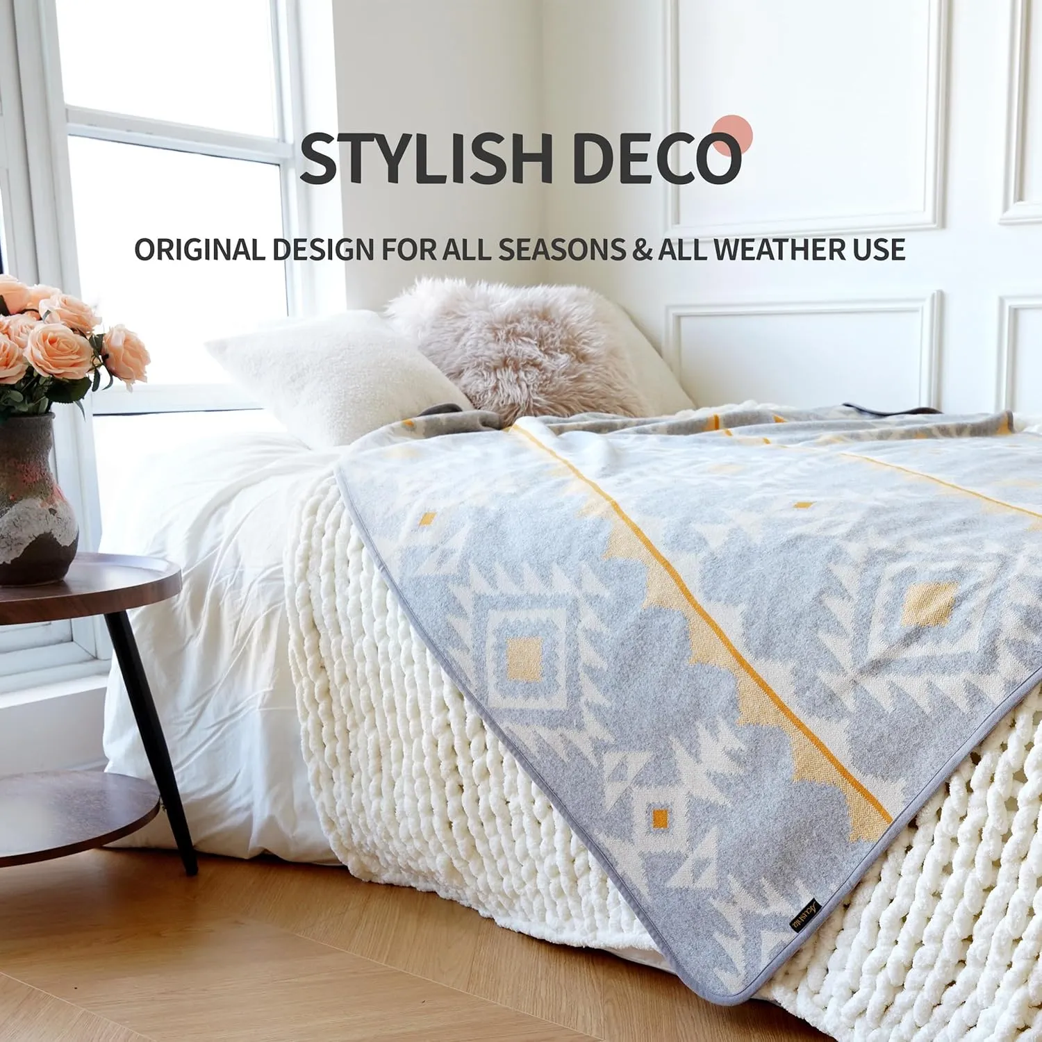 ACUSHLA Merino Wool Blend Blanket - Soft Warm Thick Washable Bed Couch Outdoor Camp Travel Car Blanket Throw All Weather, Morocco Grey 63" x 51"